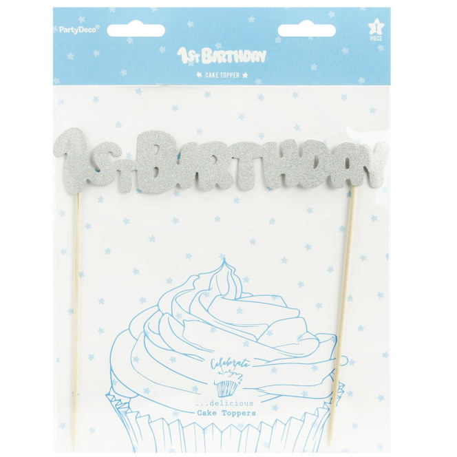 PartyDeco Cake Topper 1st Birthday - Silver
