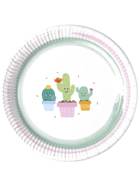 Un ensemble de 8 assiettes en carton dans le thème des cactus.