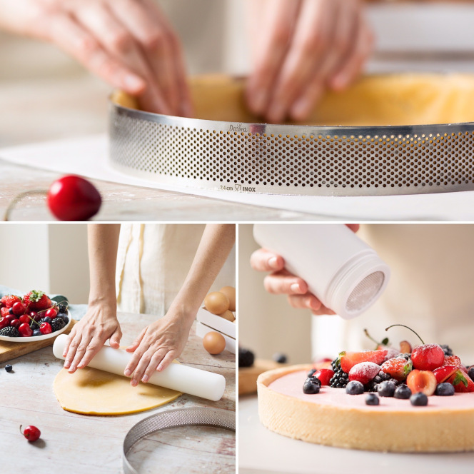 Pâtisserie : zoom sur le cercle à tarte perforé à bord droitAimer-la-cuisine .fr