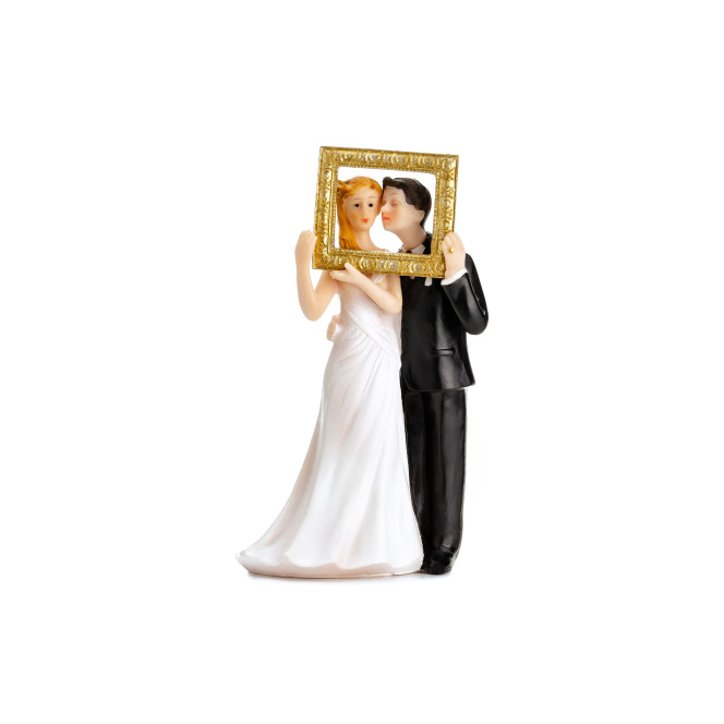 Cake Topper Newly-weds in a gold photo frame - PartyDeco
